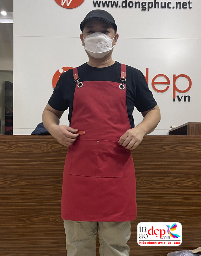 tạp dề đẹp handmade mầu đỏ có khuyên