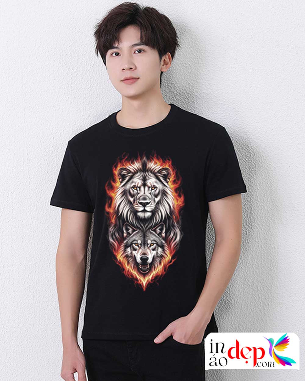 In áo phông In hình đầu sư tử - sói lửa