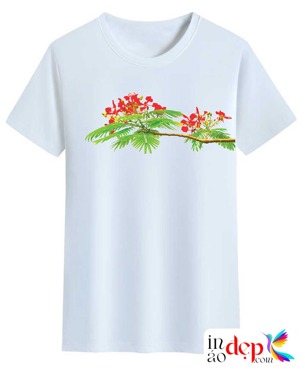 In áo phông cổ tròn In cành hoa phượng