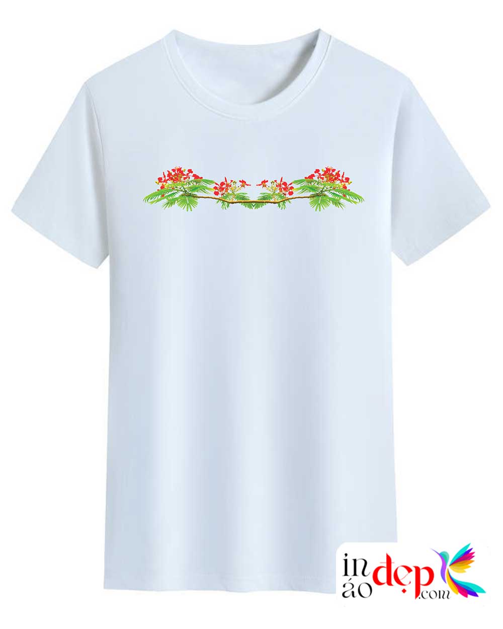 In áo phông cổ tròn In cành hoa phượng