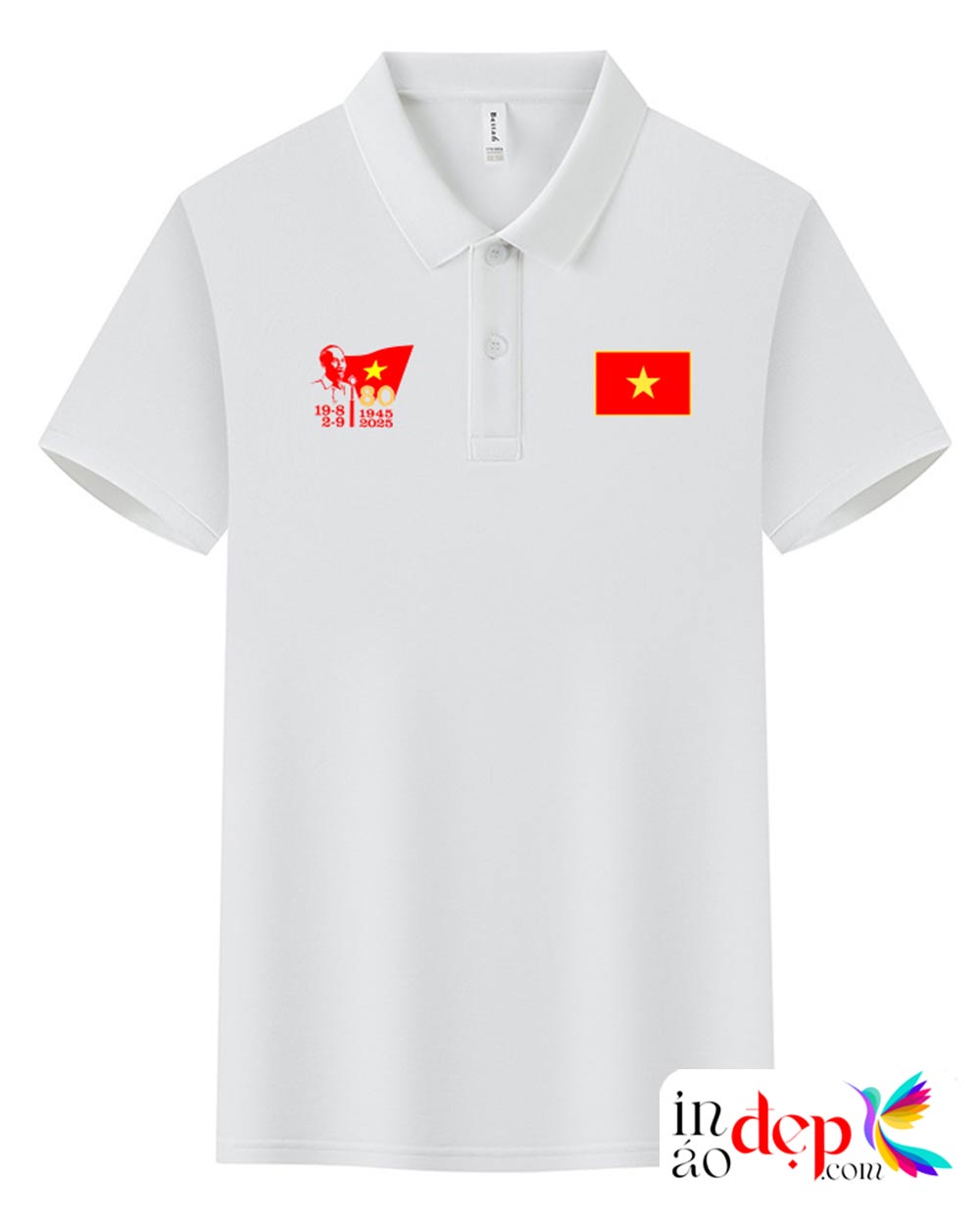 In áo phông màu trắng in lá cờ đỏ kỉ niệm 19-8-1945 - 2-9-2025