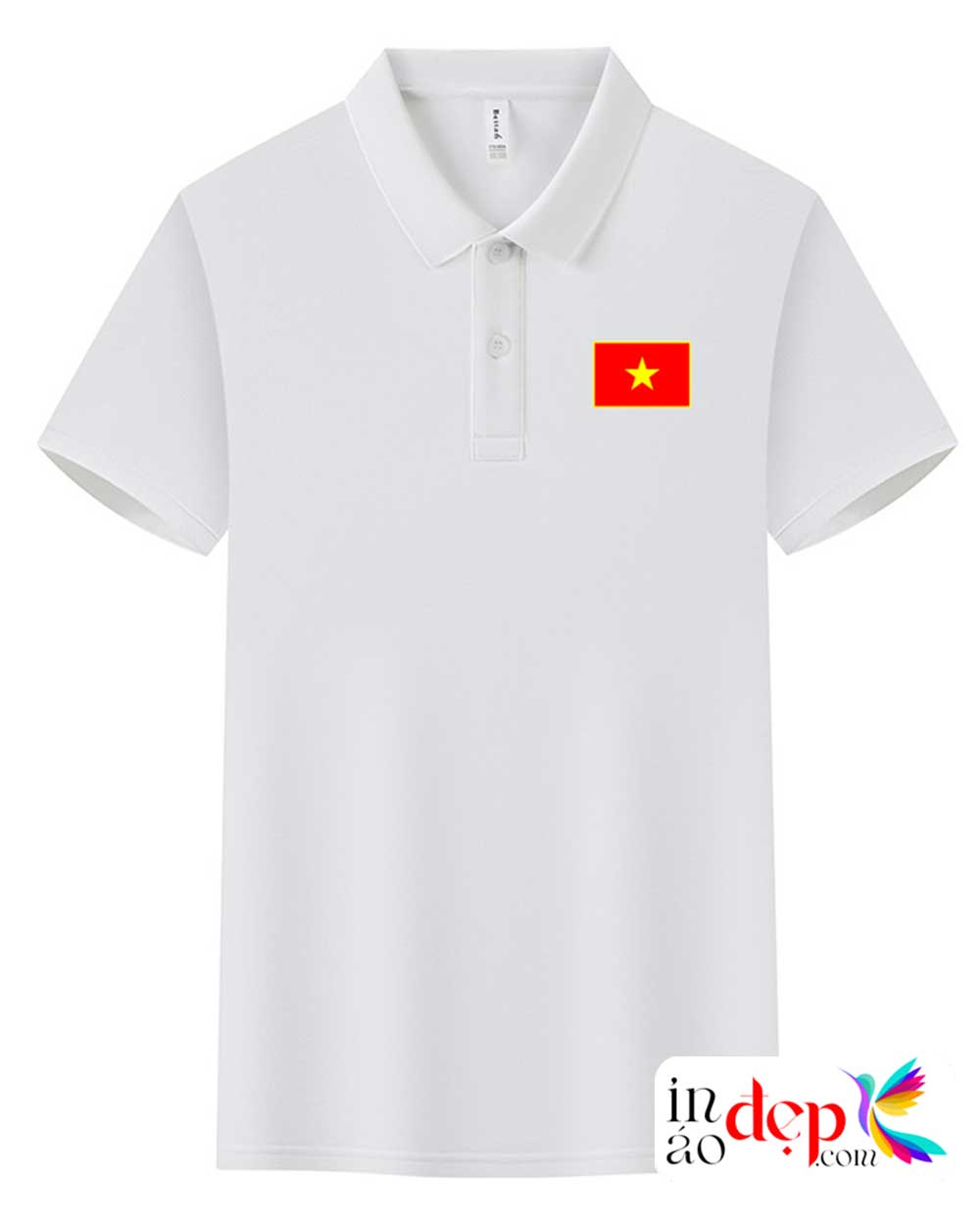 In áo polo màu trắng In lá cờ đỏ lên ngực trái